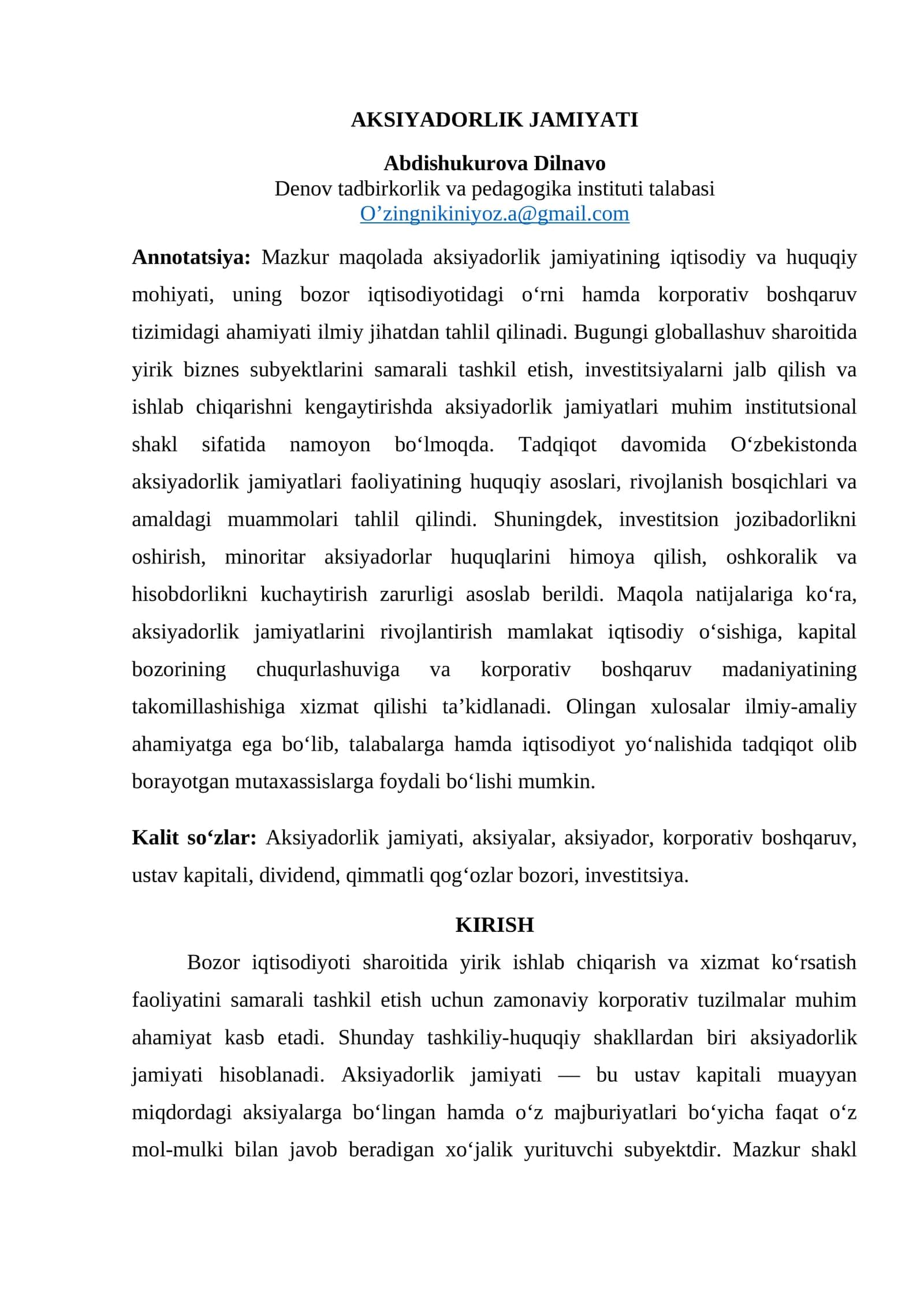 Aksiyadorlik jamiyatining iqtisodiy va huquqiy mohiyati