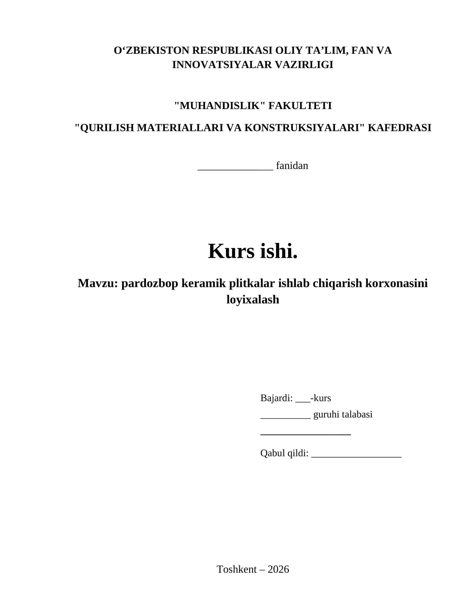pardozbop keramik plitkalar ishlab chiqarish korxonasini loyixalash