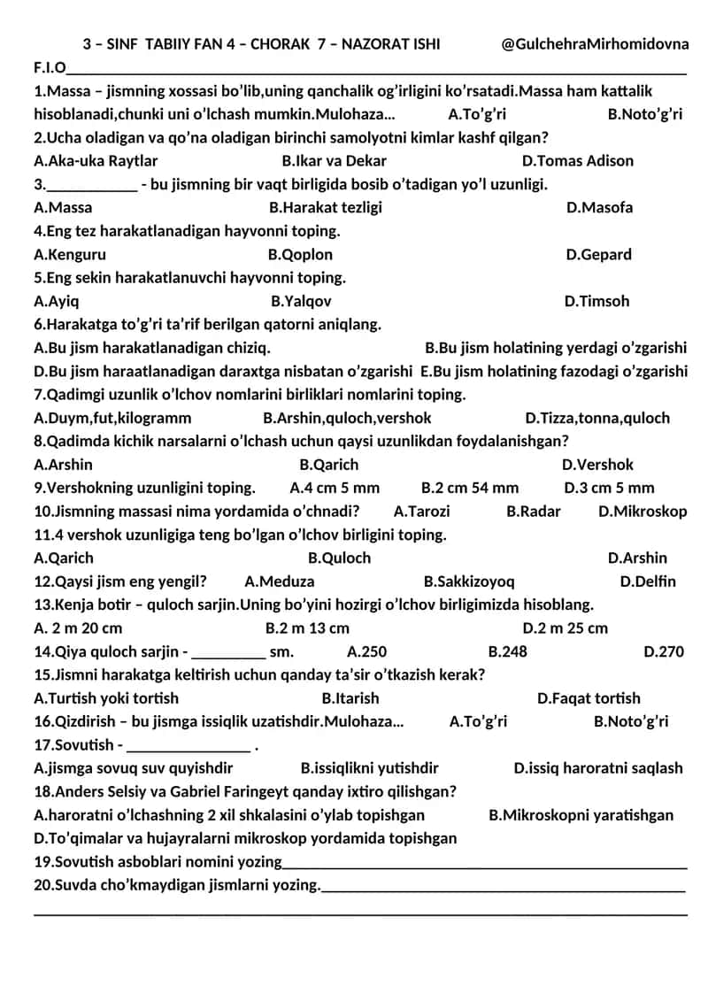 3 – SINF TABIIY FAN 4 – CHORAK 7 – NAZORAT ISHI