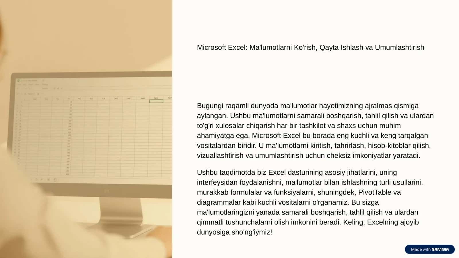 Microsoft Excel: Ma'lumotlarni Ko'rish, Qayta Ishlash va Umumlashtirish