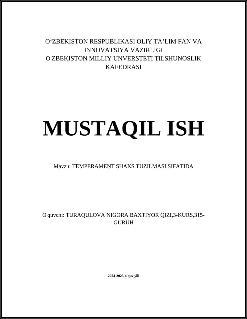 TEMPERAMENT SHAXS TUZILMASI SIFATIDA