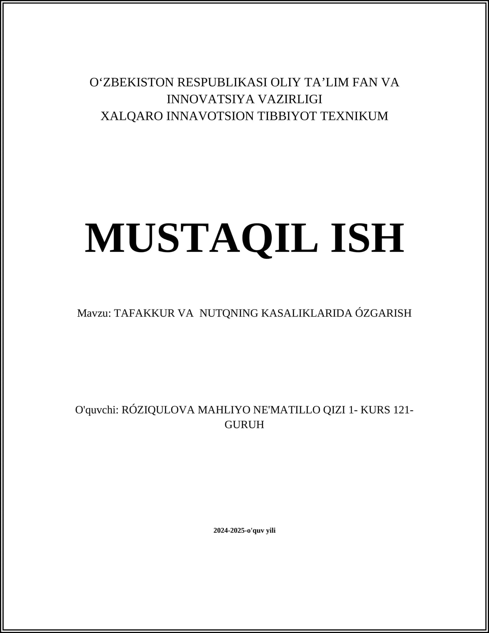 TAFAKKUR VA NUTQNING KASALIKLARIDA ÓZGARISH