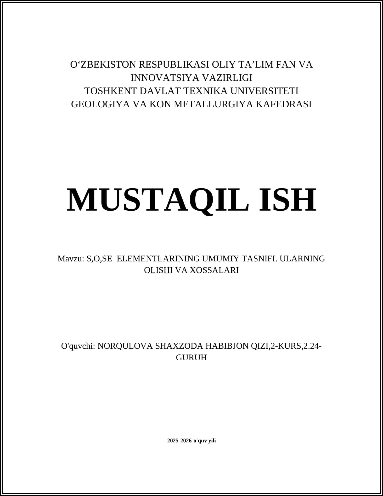 S,O,Se elementlarining umumiy tasnifi