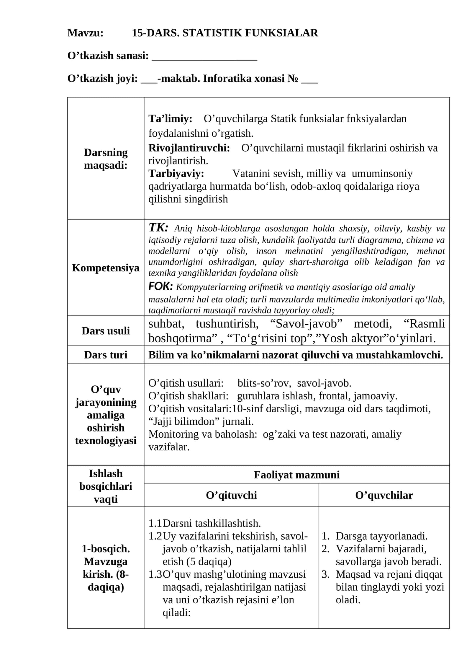 15-DARS. STATISTIK FUNKSIALAR
