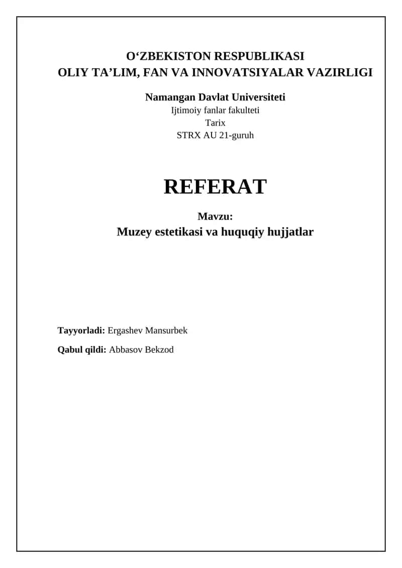 Muzey estetikasi va huquqiy hujjatlar