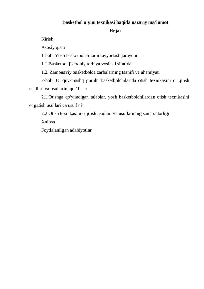 Basketbol o’yini texnikasi haqida nazariy ma’lumot