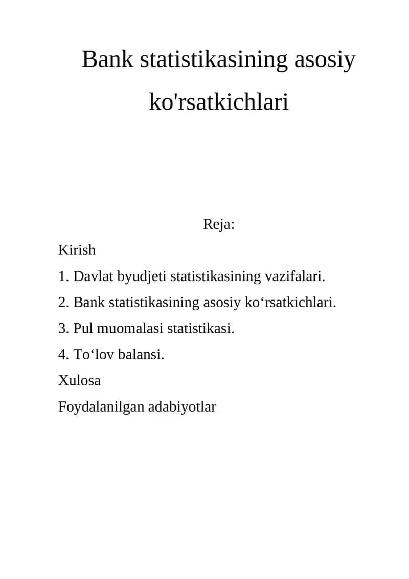 Bank statistikasining asosiy ko'rsatkichlari