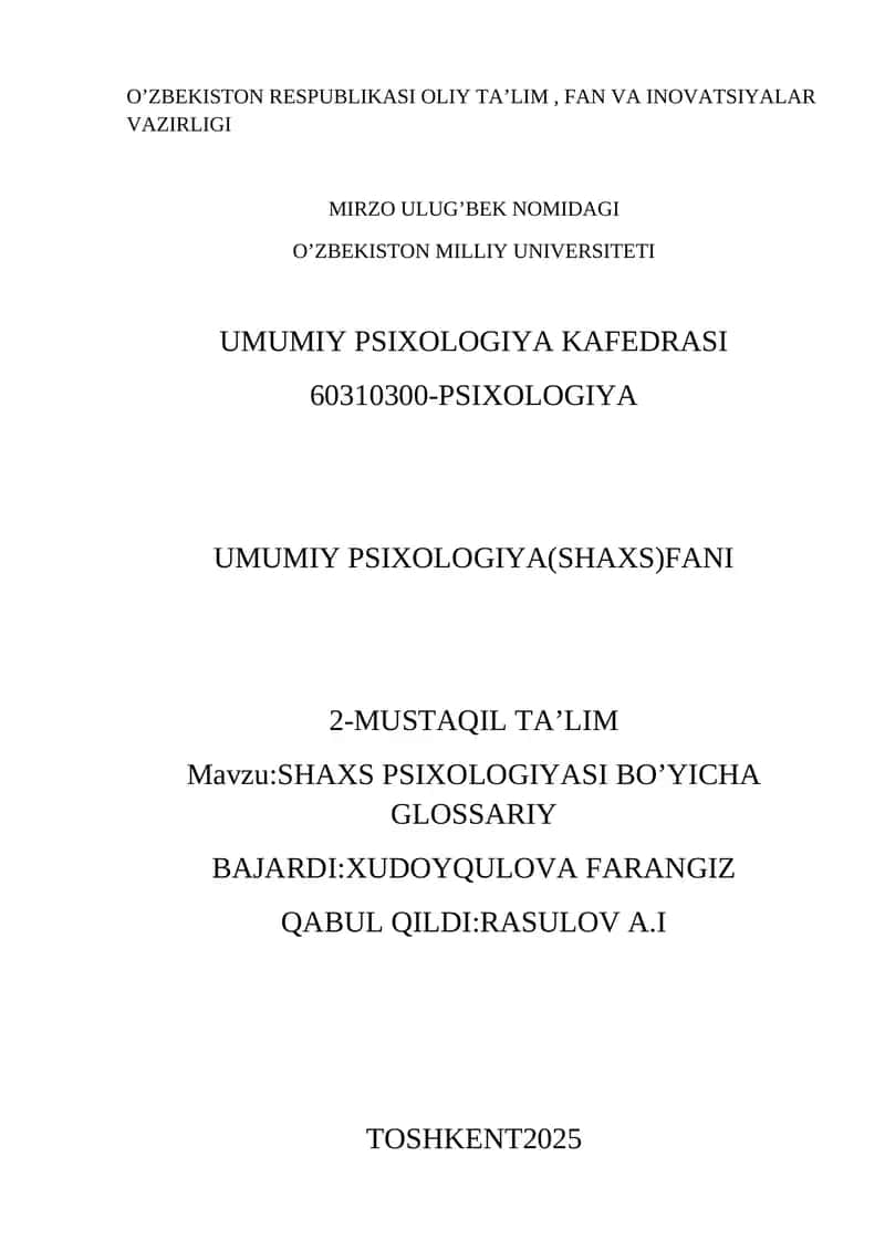 SHAXS PSIXOLOGIYASI BO’YICHA GLOSSARIY