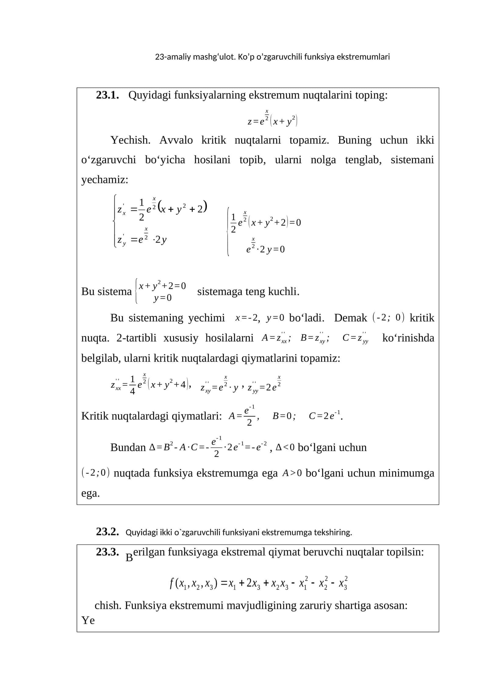 23-amaliy mashg‘ulot. Ko’p o’zgaruvchili funksiya ekstremumlari