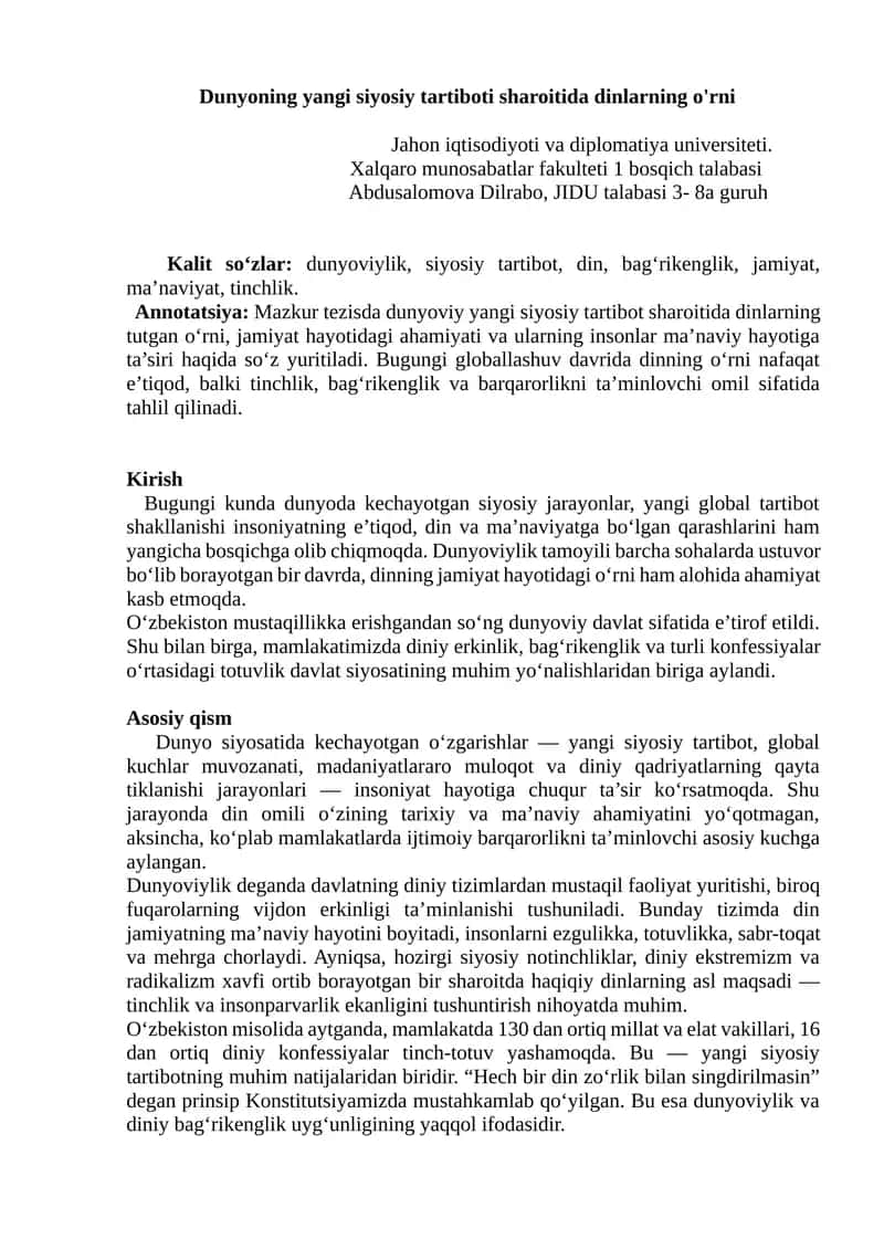 Dunyoning yangi siyosiy tartiboti sharoitida dinlarning o'rni