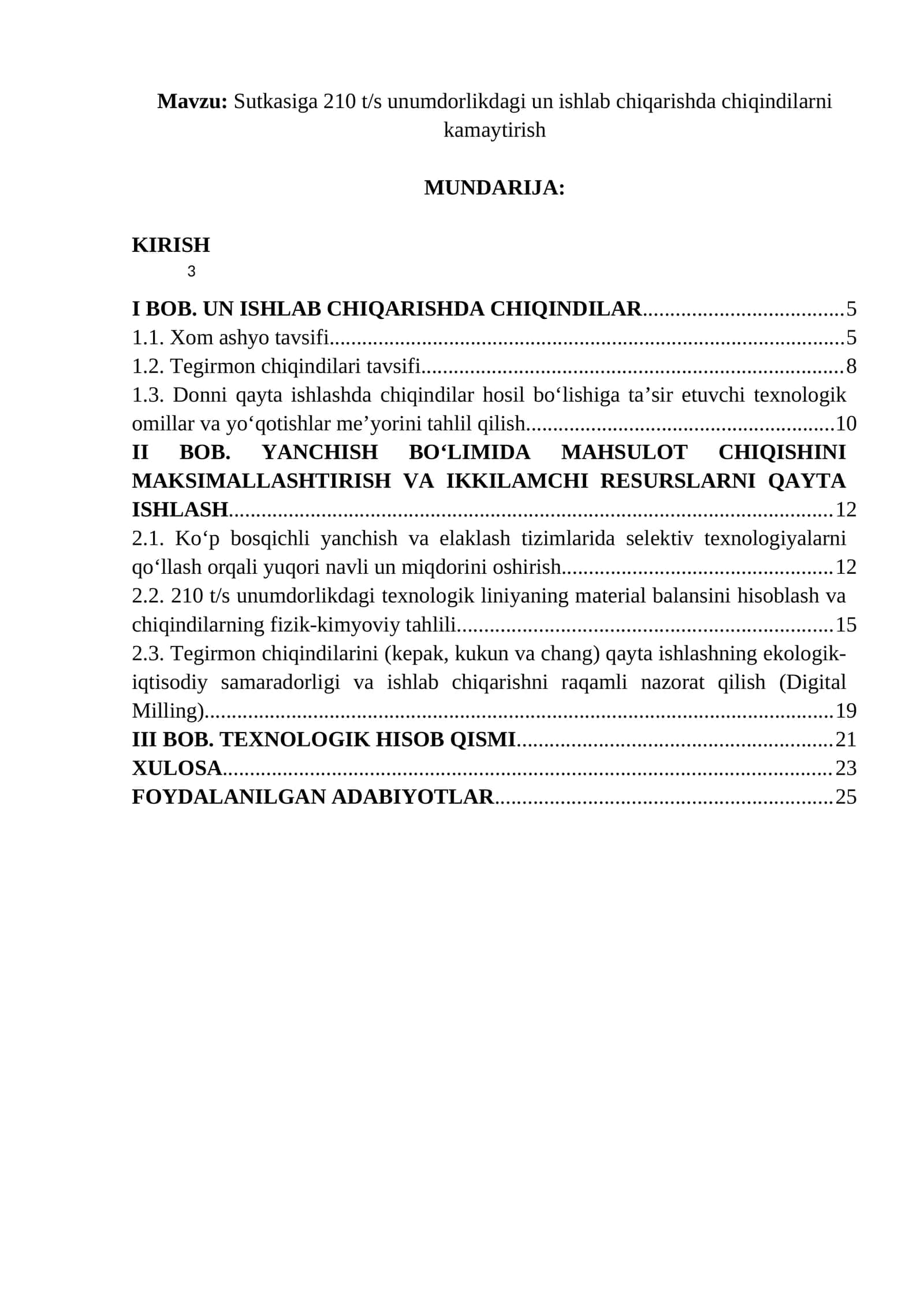 Sutkasiga 210 t/s unumdorlikdagi un ishlab chiqarishda chiqindilarni kamaytirish