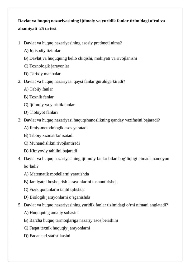 Davlat va huquq nazariyasi test savollari