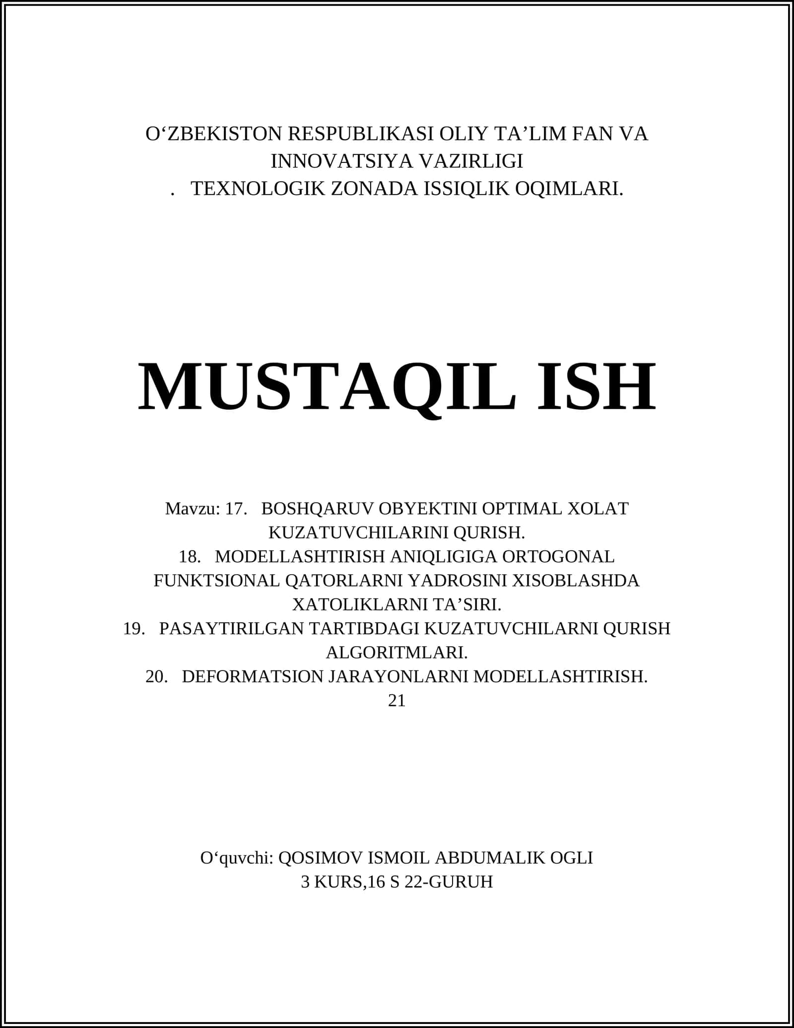 BOSHQARUV OBYEKTINI OPTIMAL XOLAT KUZATUVCHILARINI QURISH