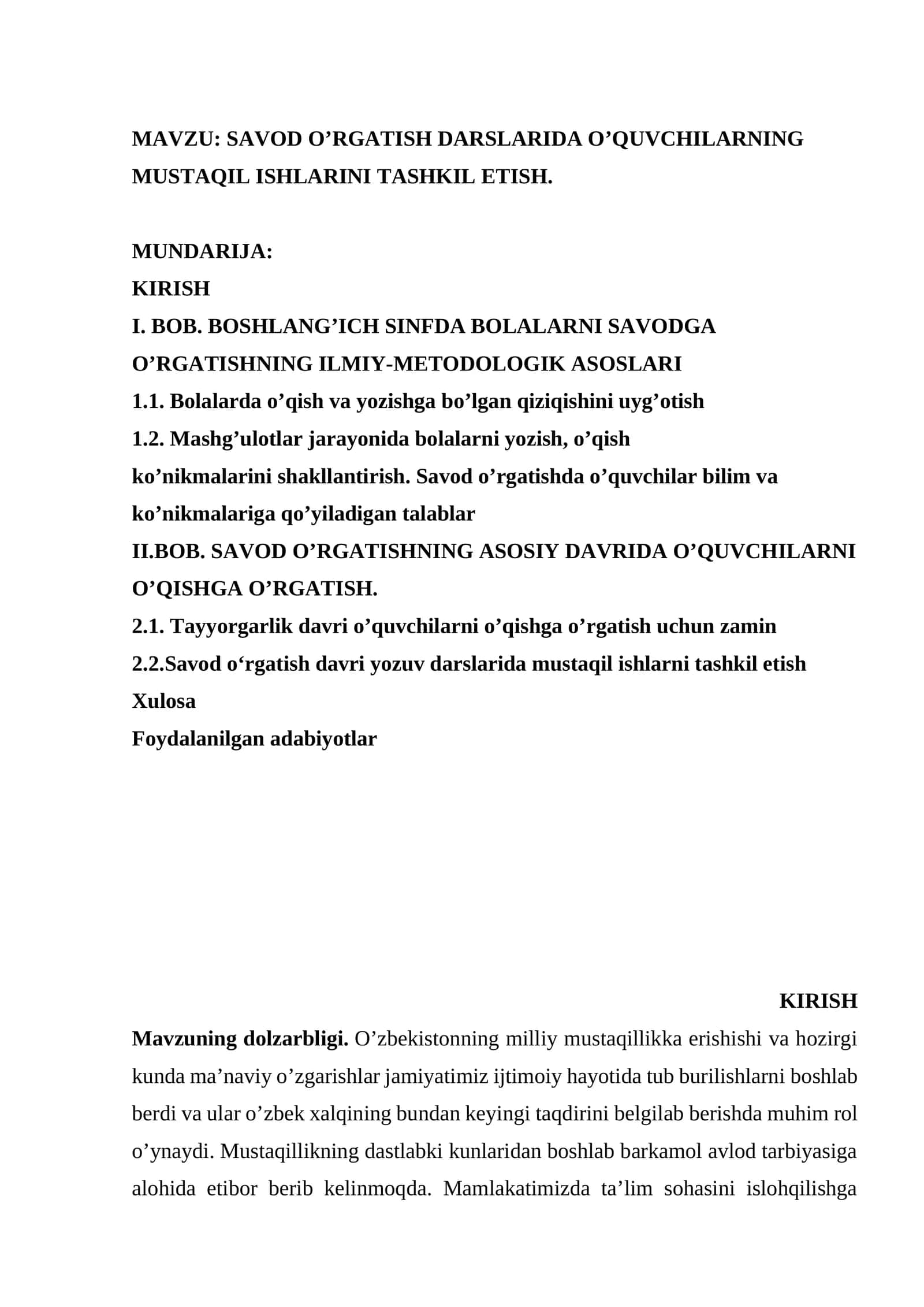 SAVOD O’RGATISH DARSLARIDA O’QUVCHILARNING MUSTAQIL ISHLARINI TASHKIL ETISH