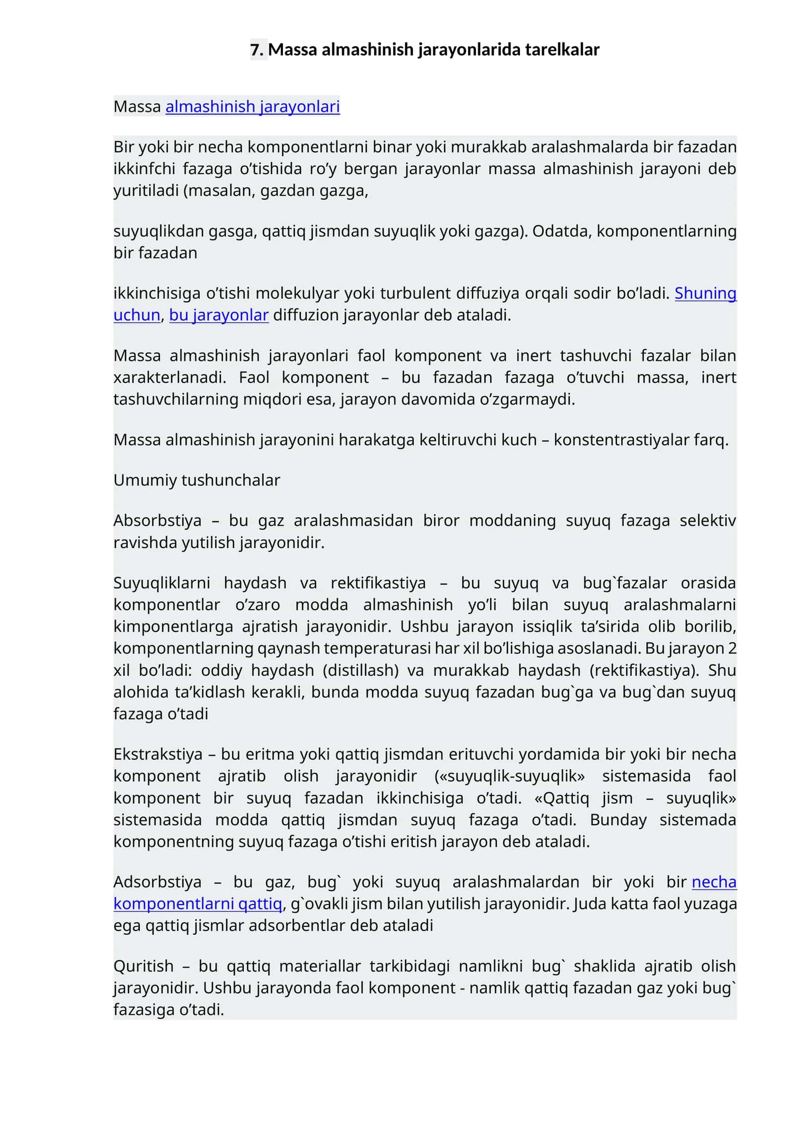 Massa almashinish jarayonlarida tarelkalar