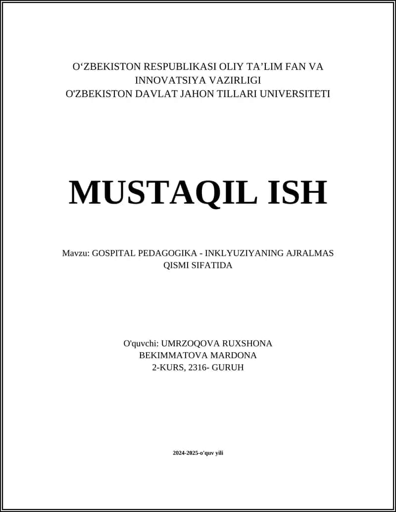 GOSPITAL PEDAGOGIKA - INKLYUZIYANING AJRALMAS QISMI SIFATIDA