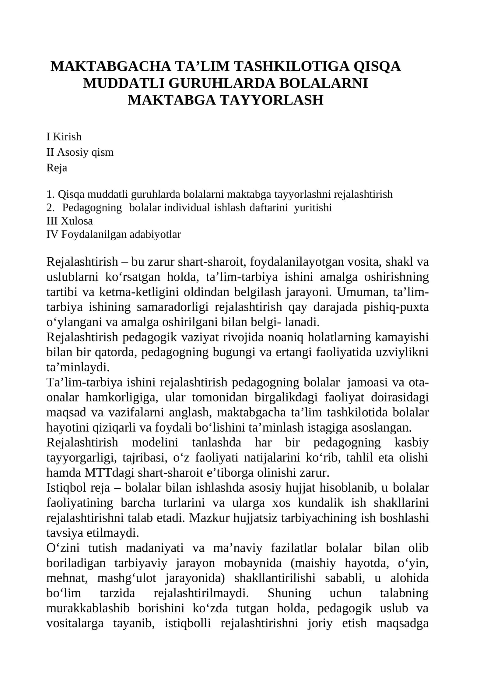 MAKTABGACHA TA’LIM TASHKILOTIGA QISQA MUDDATLI GURUHLARDA BOLALARNI MAKTABGA TAYYORLASH