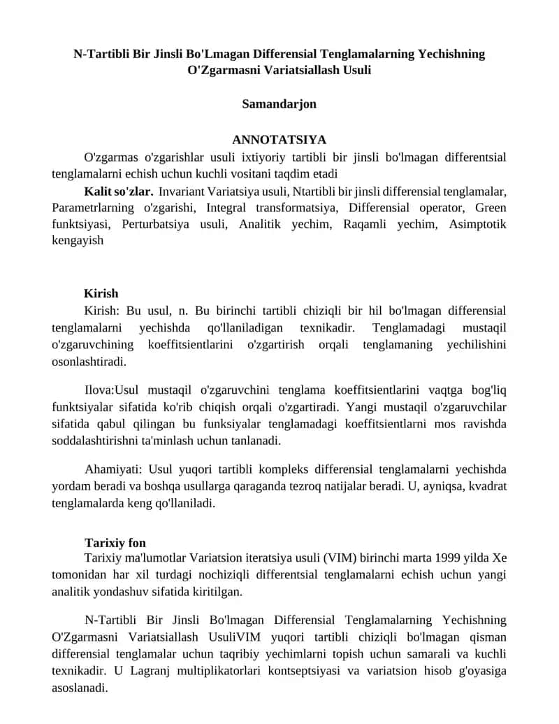 N-Tartibli Bir Jinsli Bo'Lmagan Differensial Tenglamalarning Yechishning O'Zgarmasni Variatsiallash Usuli