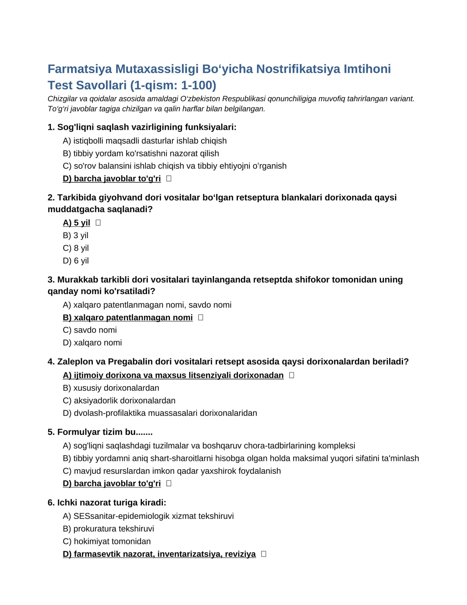 Farmatsiya Mutaxassisligi Bo‘yicha Imtihoni Test Savollari (1-497)
