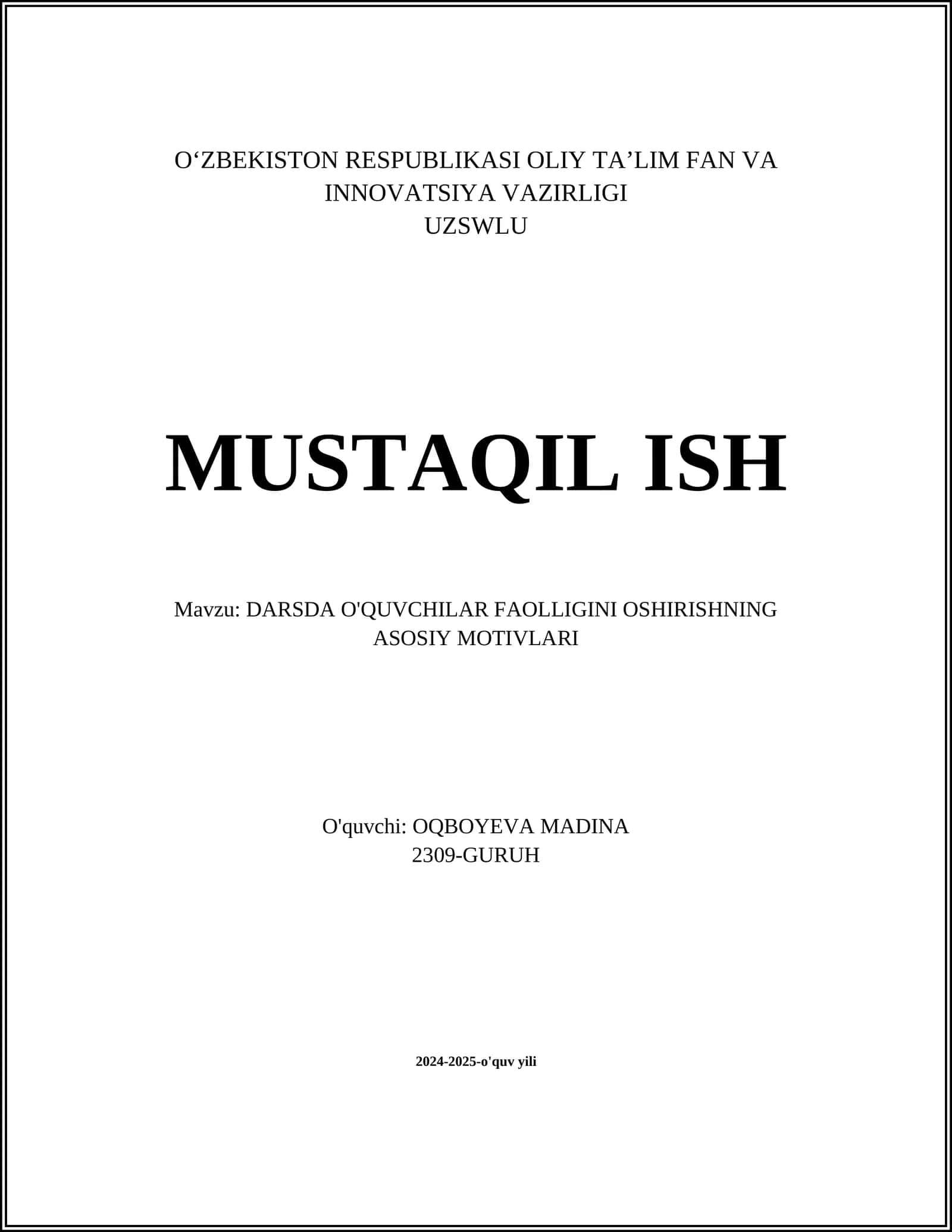 DARSDA O'QUVCHILAR FAOLLIGINI OSHIRISHNING ASOSIY MOTIVLARI