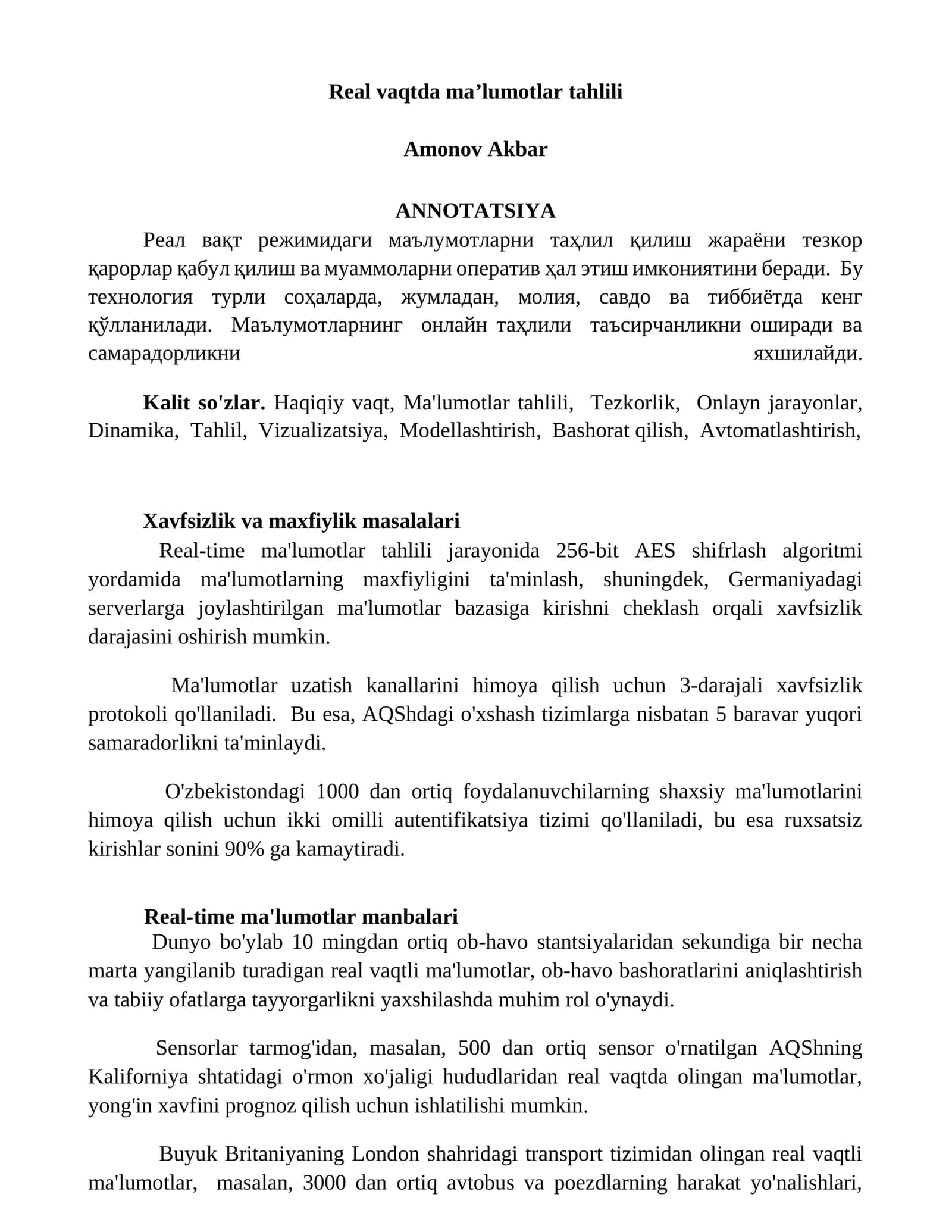 Real vaqtda ma’lumotlar tahlili