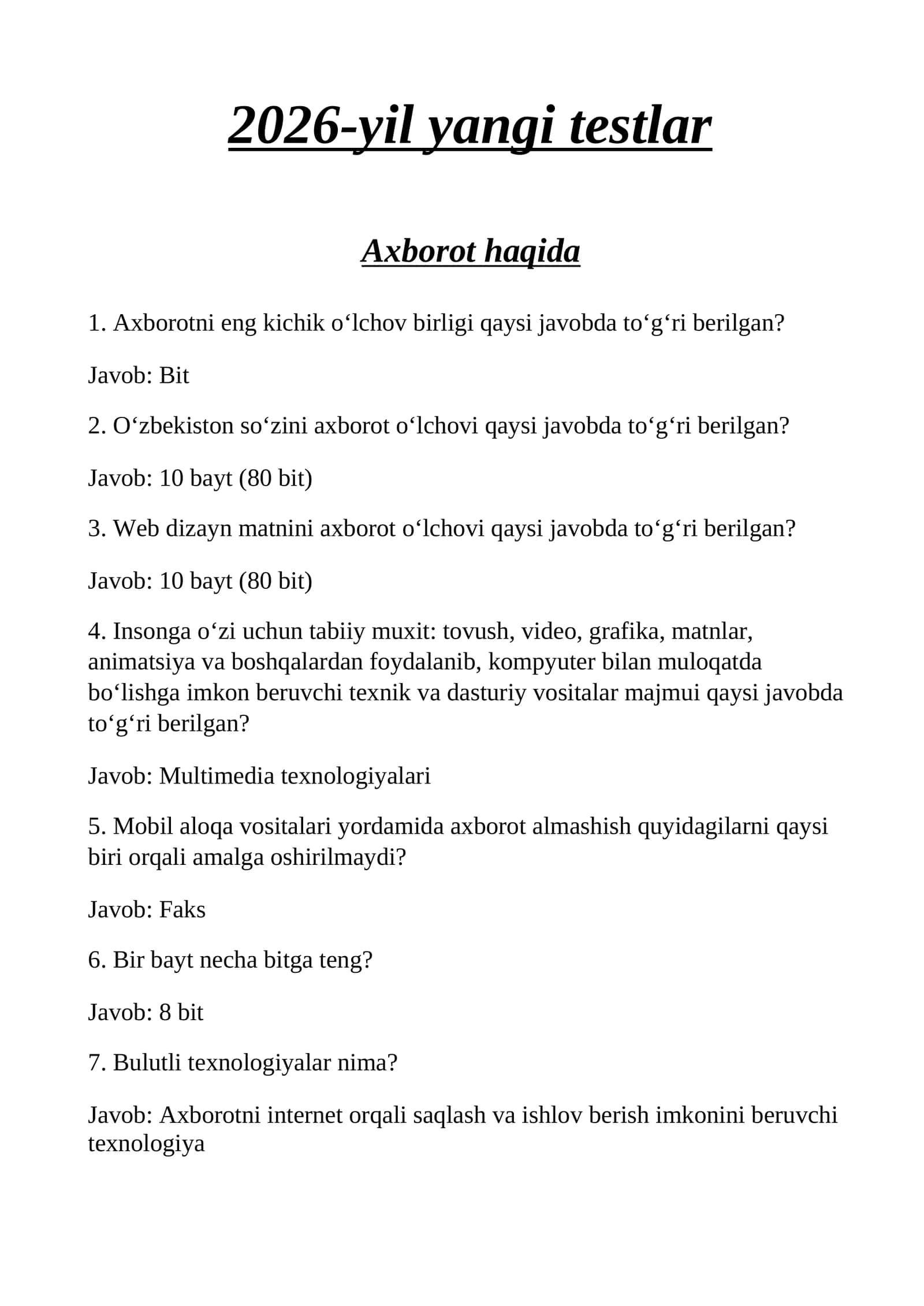 Argoss 2026-yil yangi testlar javoblari bilan