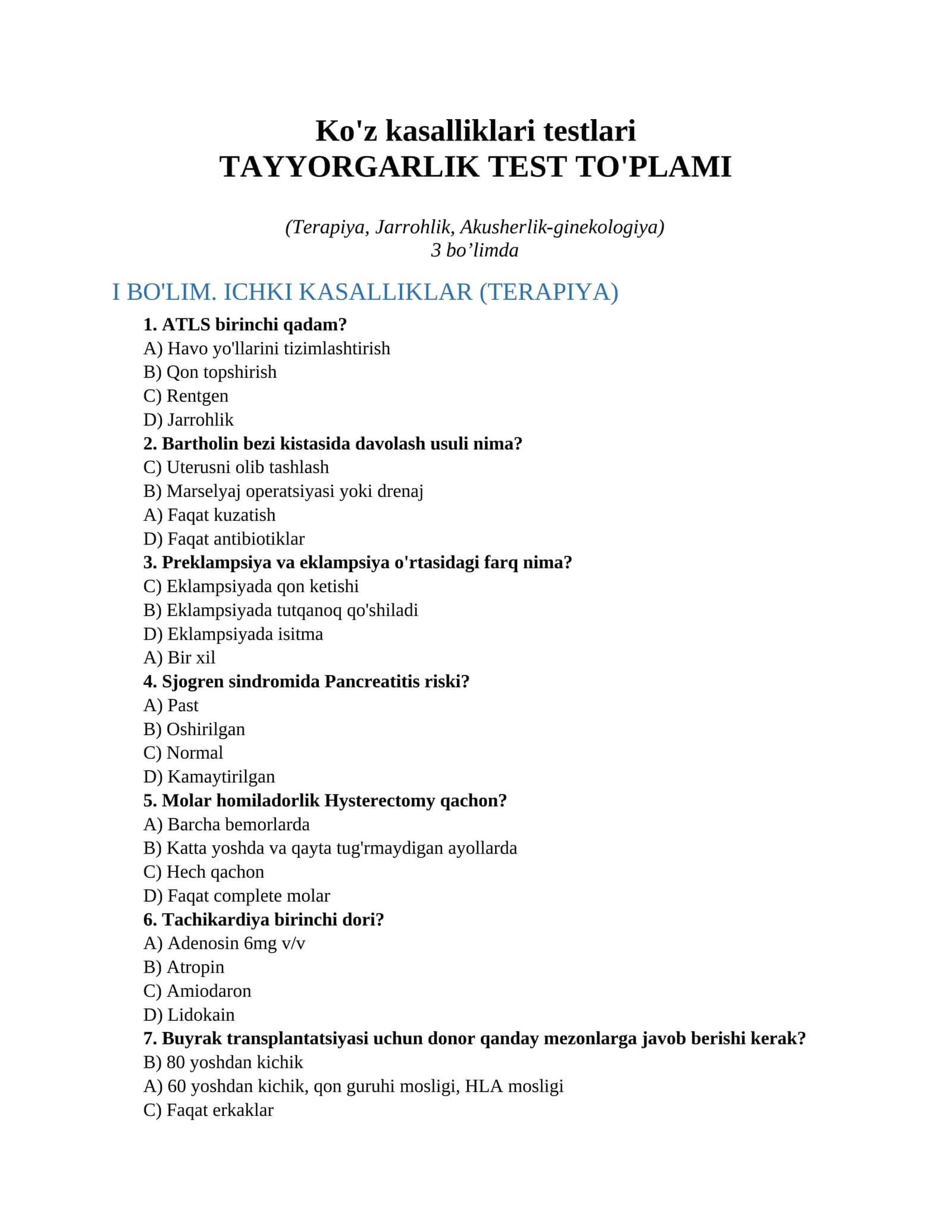 Ko'z kasalliklari testlari