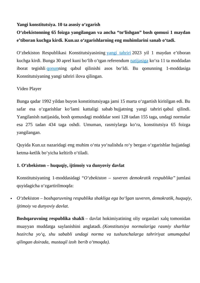 Yangi konstitutsiya. 10 ta asosiy o‘zgarish