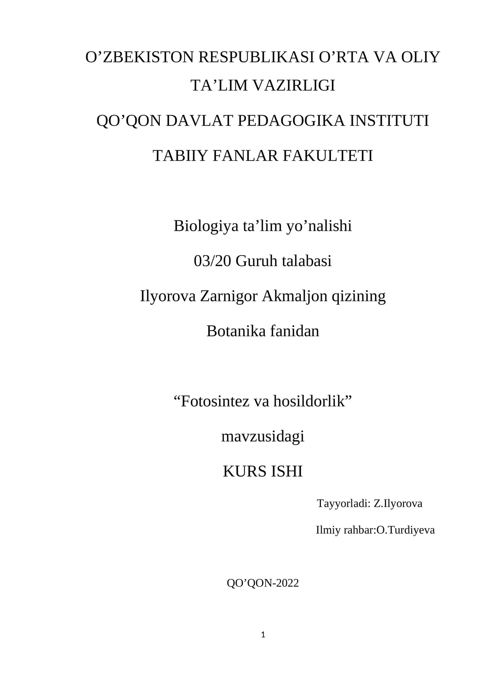 Fotosintez va hosildorlik KURS ISHI