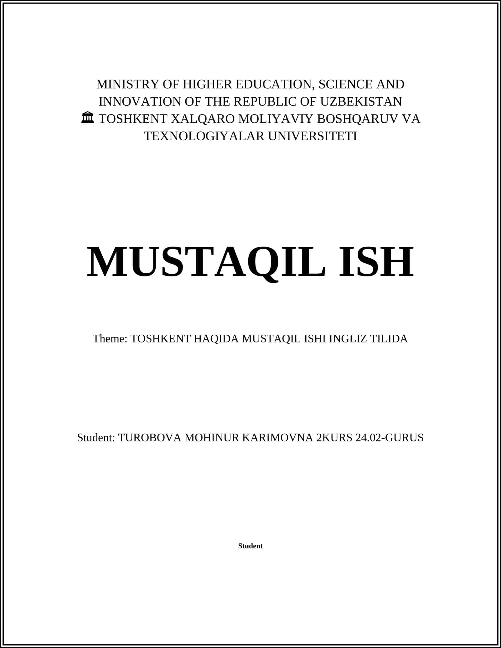TOSHKENT HAQIDA MUSTAQIL ISHI INGLIZ TILIDA