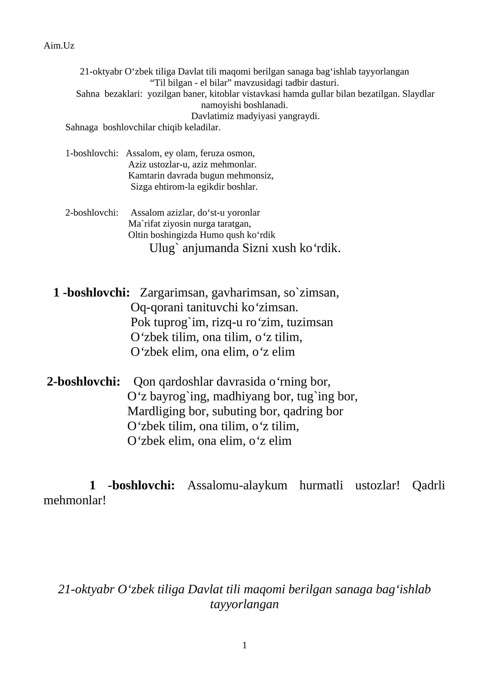 “Til bilgan - el bilar” mavzusidagi tadbir dasturi