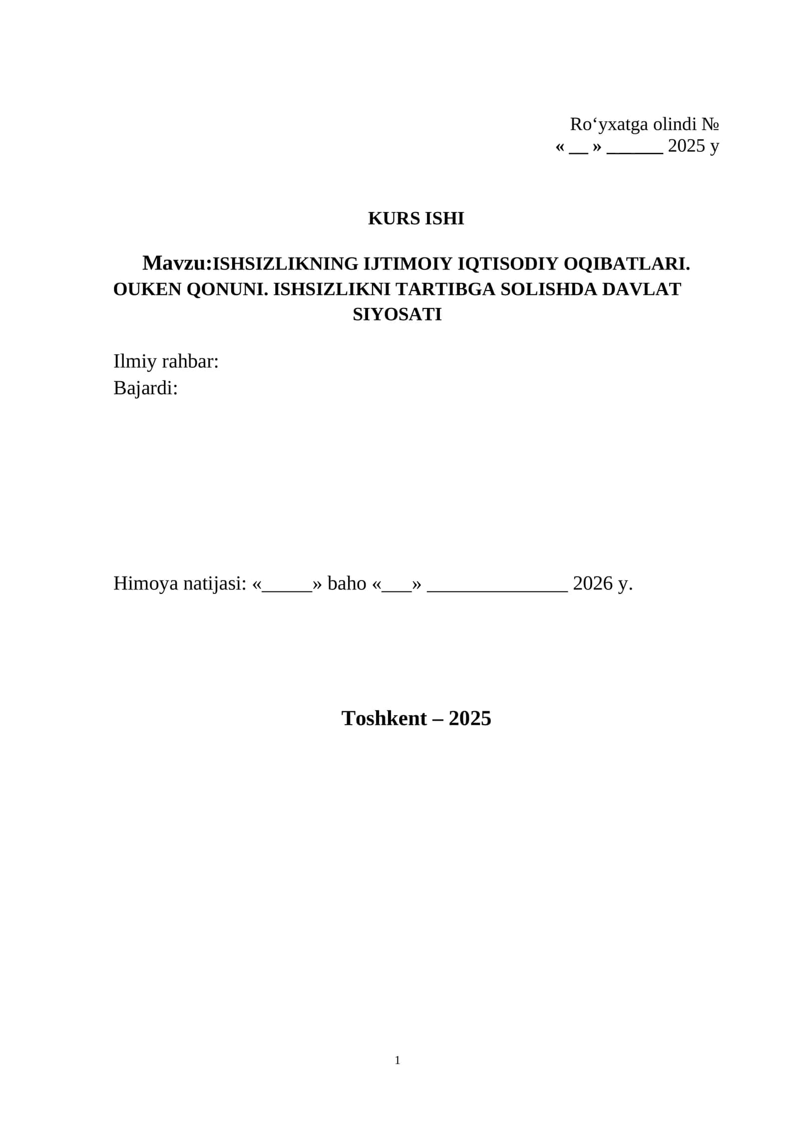 ISHSIZLIK BOYICHA KURS ISHI HAMDA REFERAT UCHUN