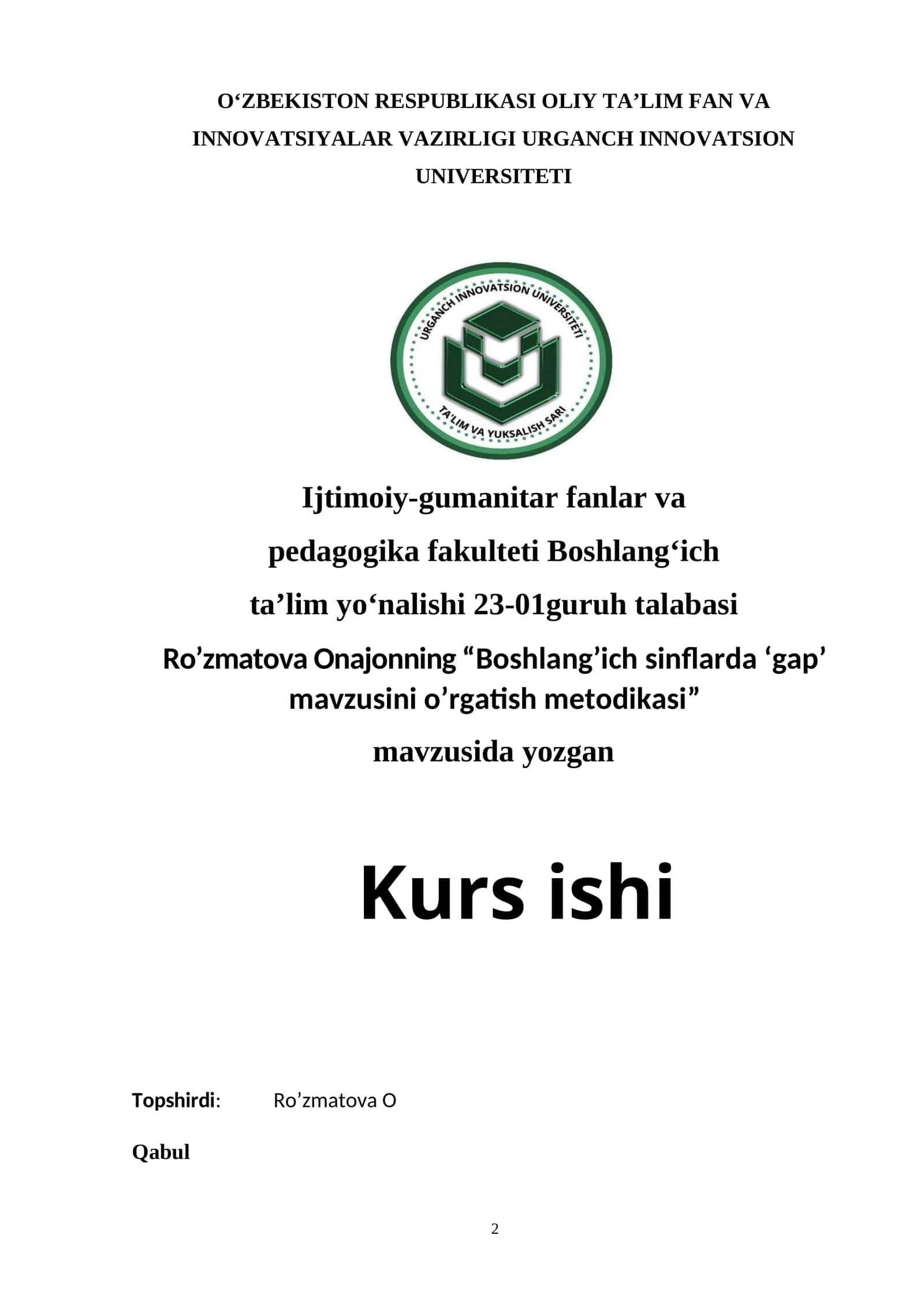 BOSHLANG`ICH SINFLARDA „GAP“ MAVZUSINI O`RGANISH