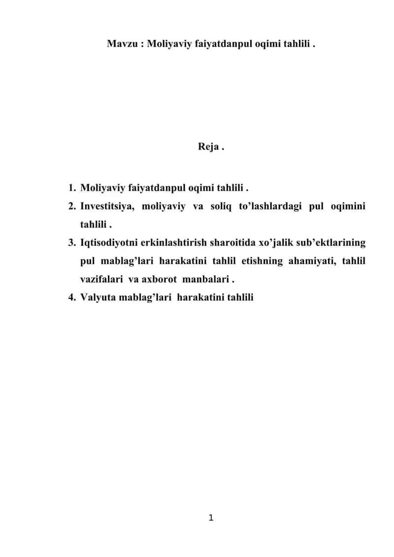 Moliyaviy faiyatdanpul oqimi tahlili