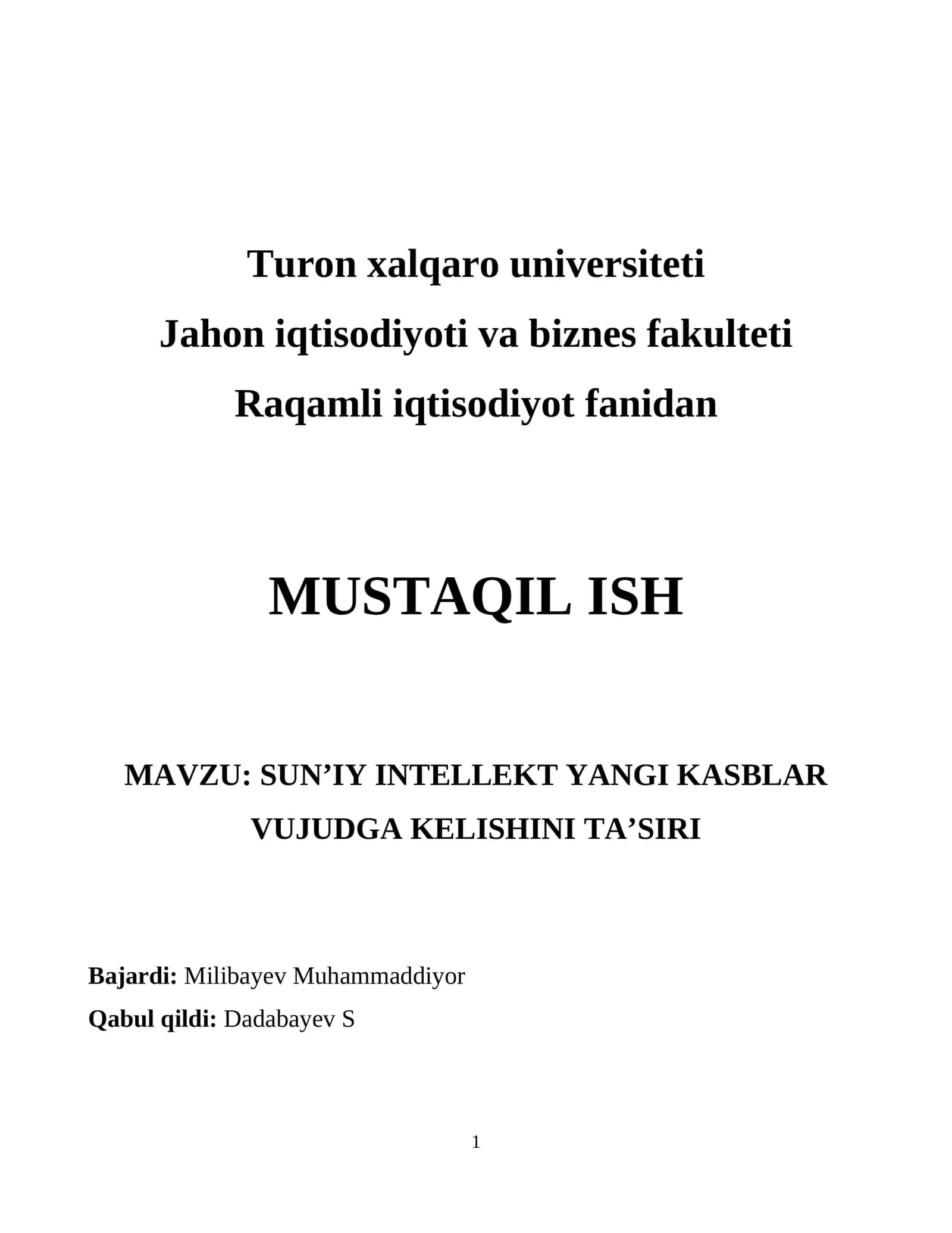 SUN’IY INTELLEKT YANGI KASBLAR VUJUDGA KELISHINI TA’SIRI