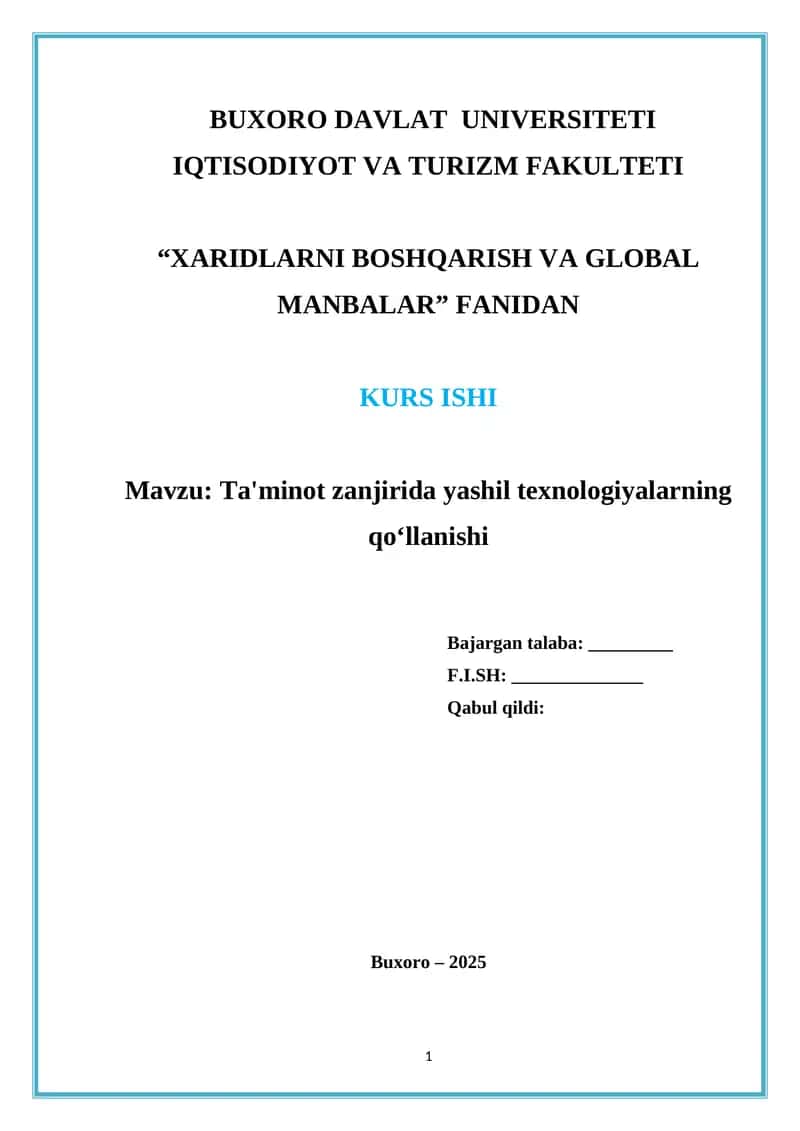 Ta'minot zanjirida yashil texnologiyalarning qoʻllanishi