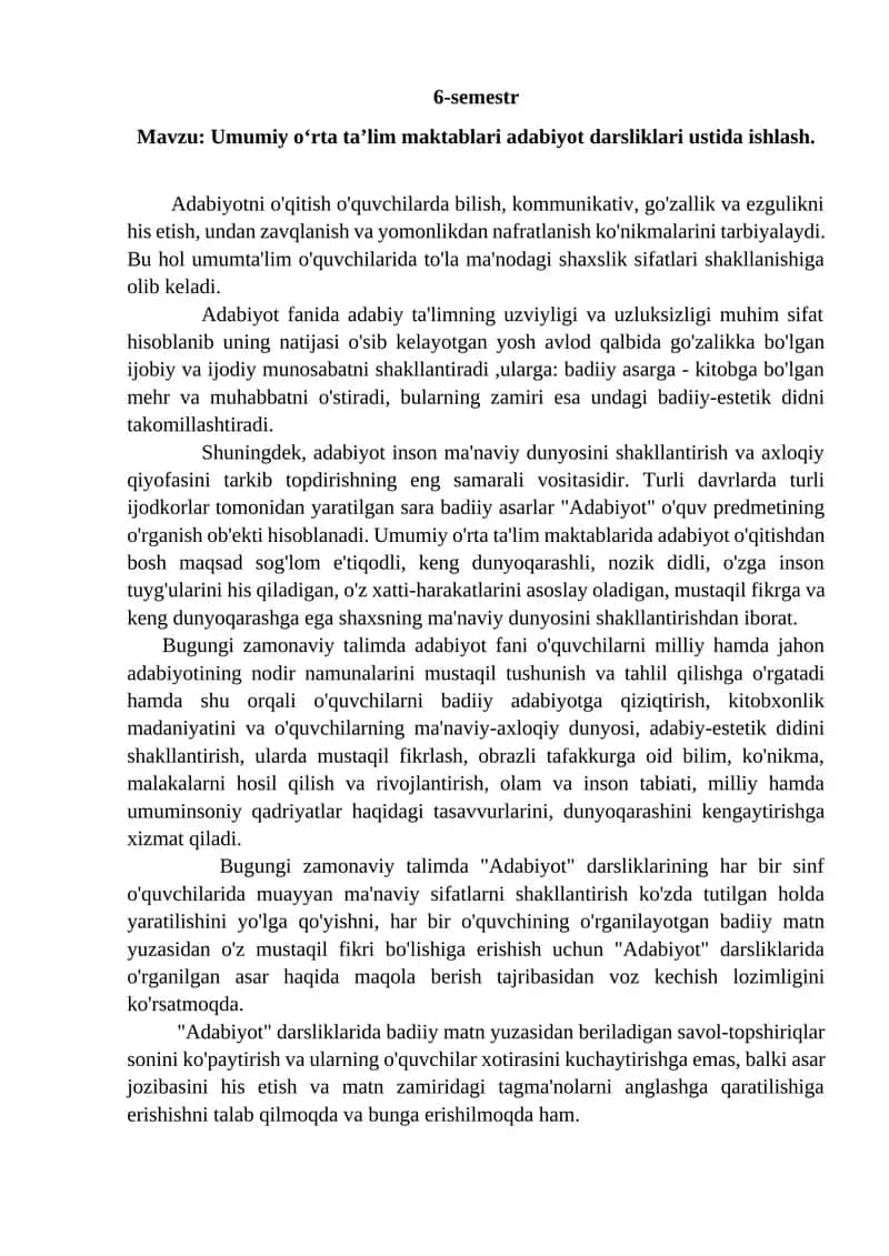 Umumiy o‘rta ta’lim maktablari adabiyot darsliklari ustida ishlash