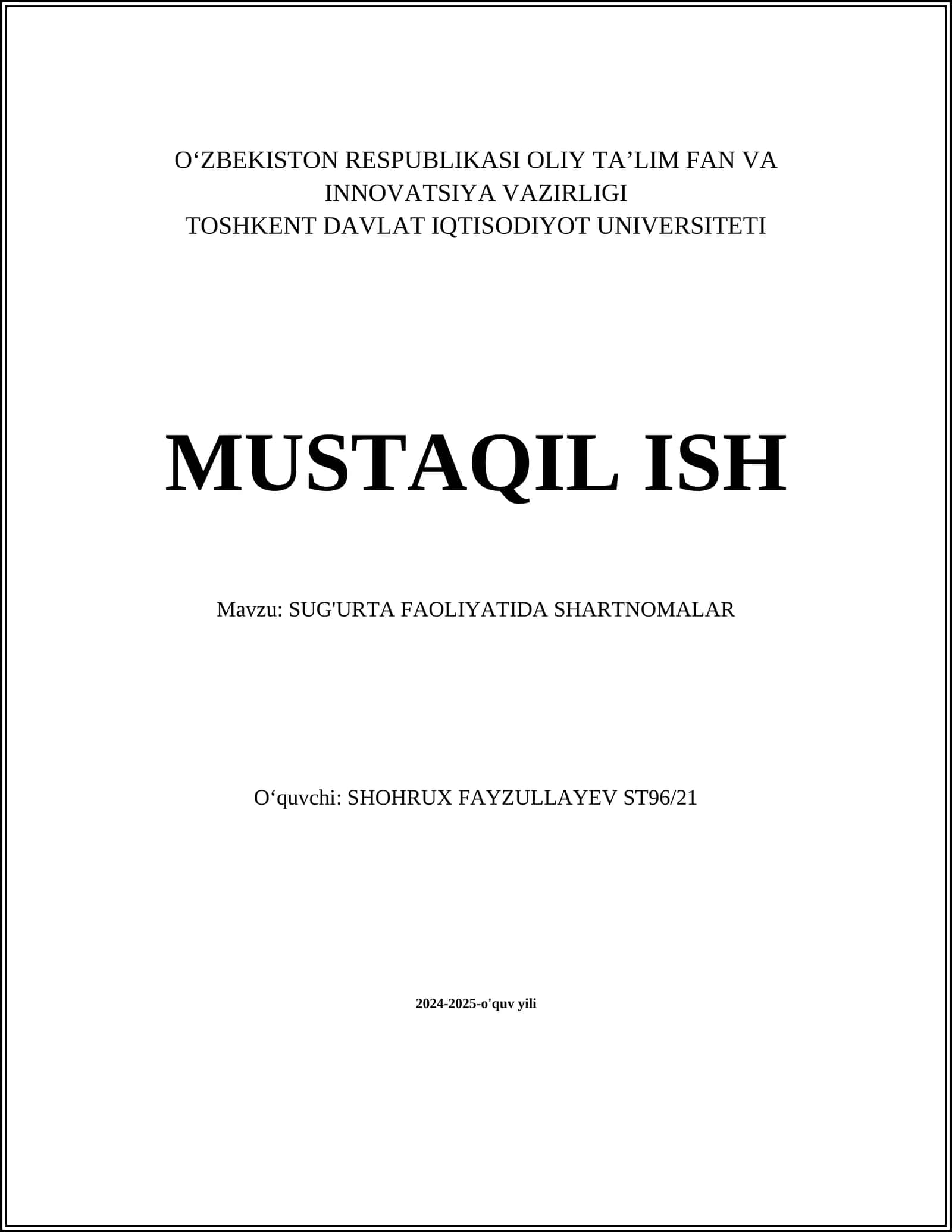 SUG'URTA FAOLIYATIDA SHARTNOMALAR