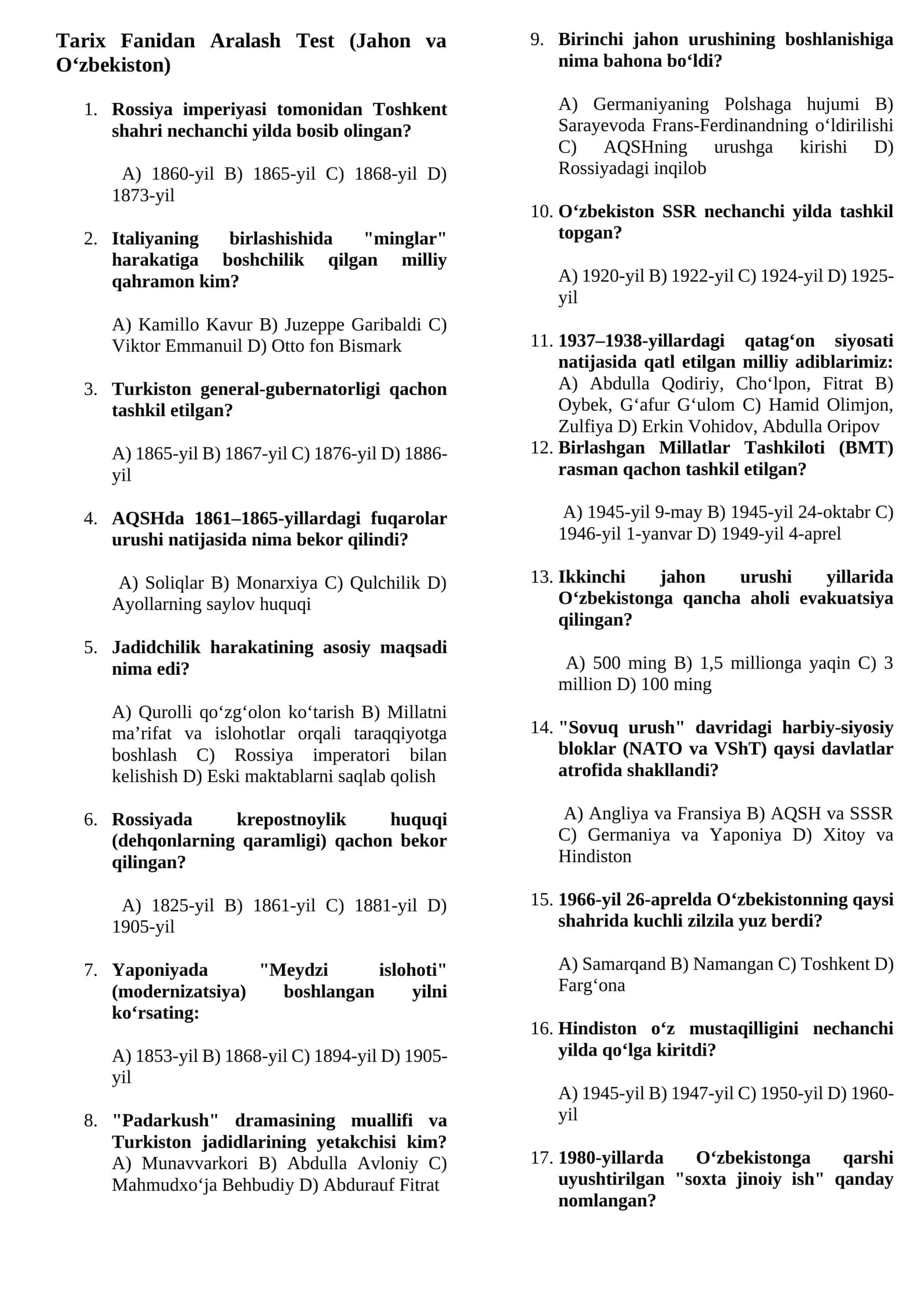 Tarix Fanidan Aralash Test (Jahon va O‘zbekiston)