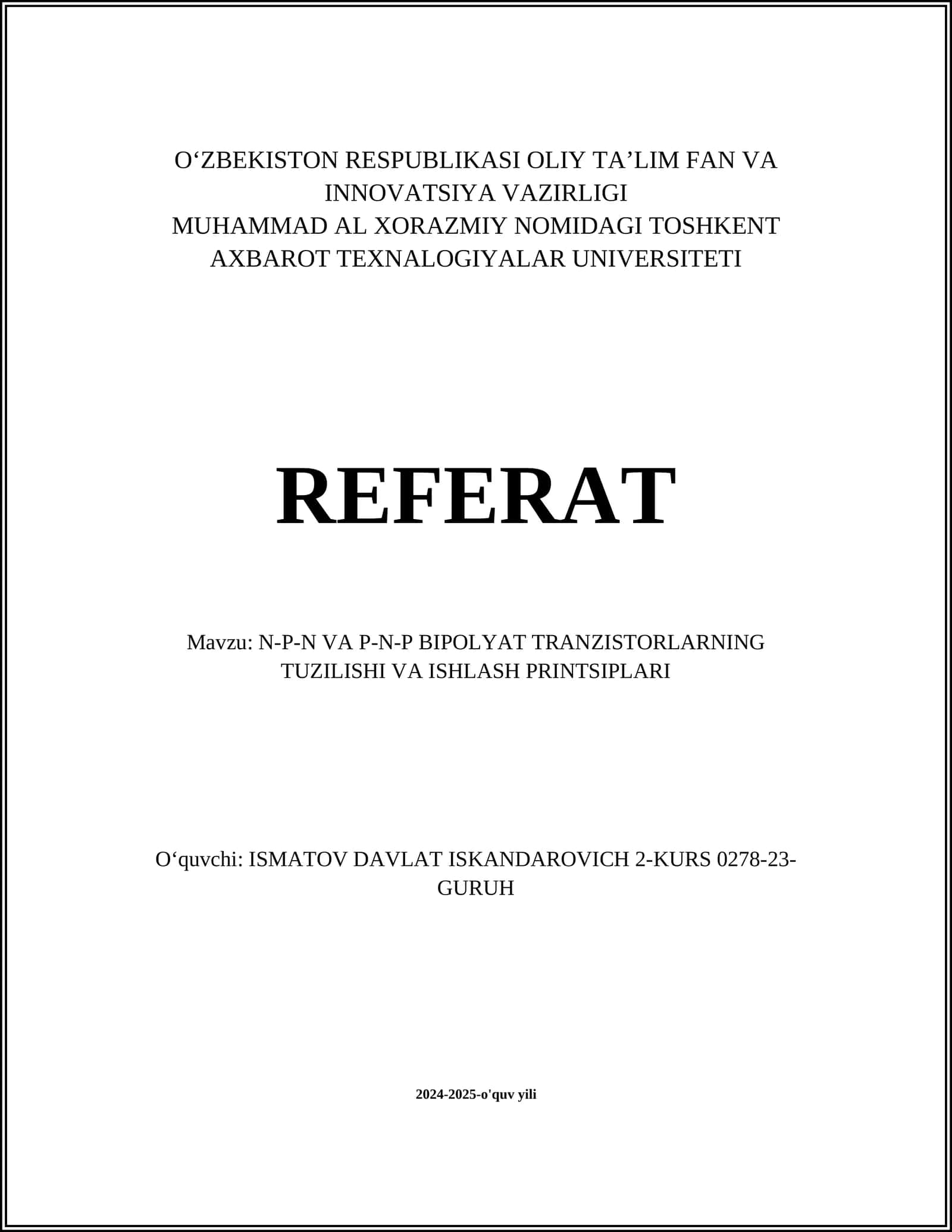N-P-N VA P-N-P BIPOLYAT TRANZISTORLARNING TUZILISHI VA ISHLASH PRINTSIPLARI