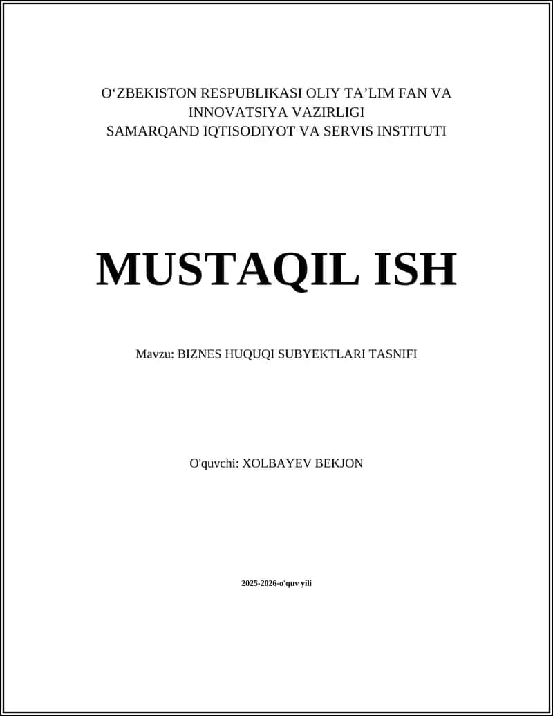 BIZNES HUQUQI SUBYEKTLARI TASNIFI