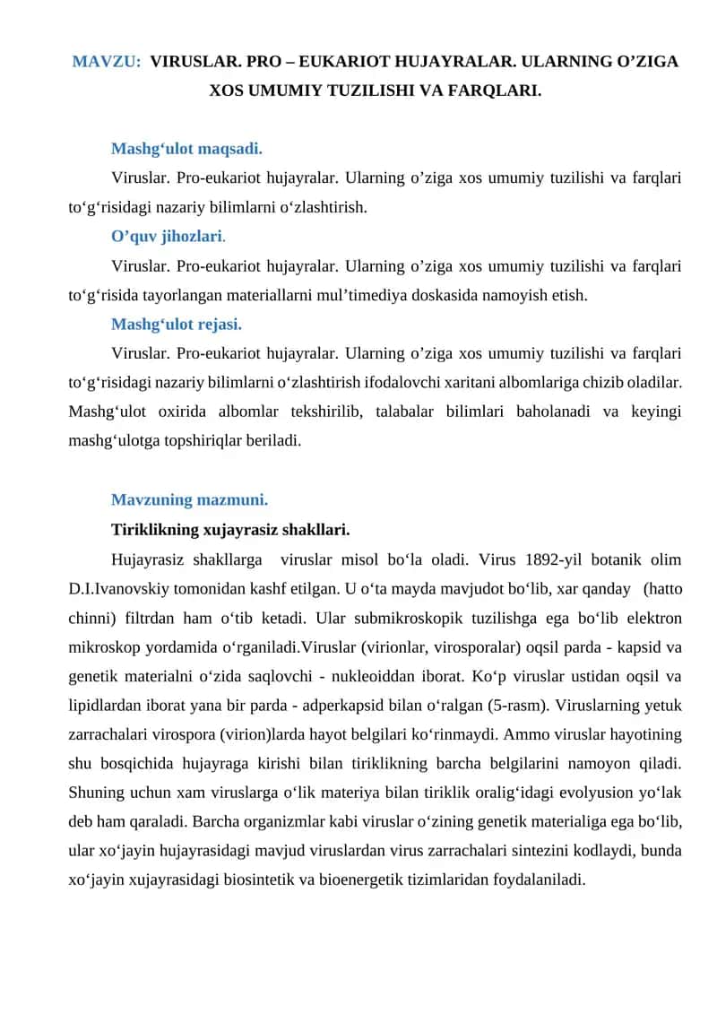 VIRUSLAR. PRO-EUKARIOT HUJAYRALAR