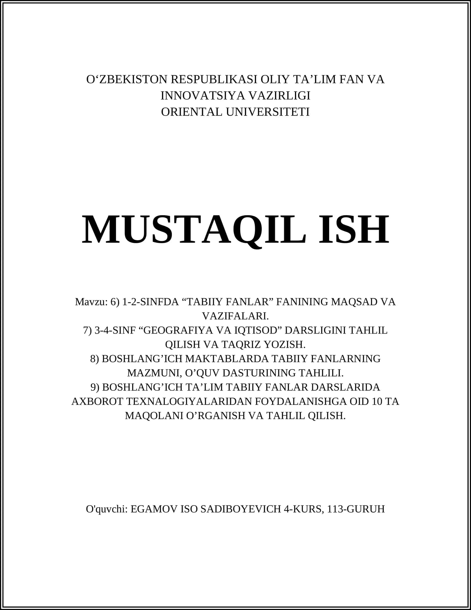 TABIIY FANLAR MAQSADLARINING O‘QUVCHILARGA ETKAZILISHI