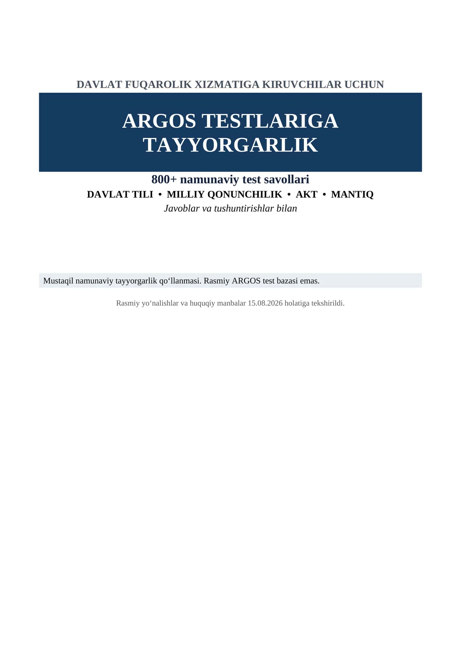 ARGOS davlat fuqarolik xizmatiga tayyorgarlik | Davlat tili + Milliy qonunchilik + AKT + Mantiq | 800+ test | Javoblari bilan