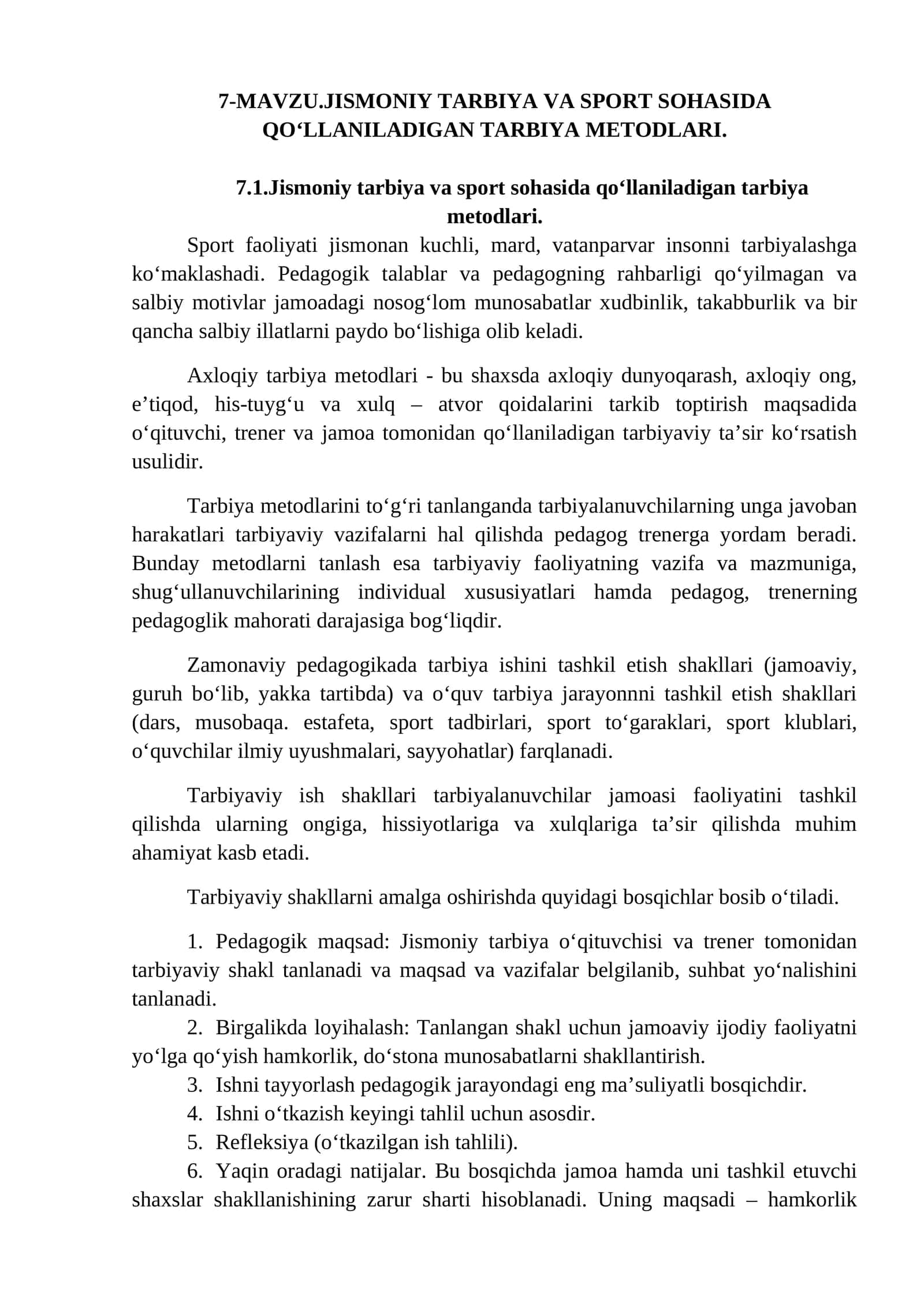 Jismoniy tarbiya va sport sohasida qo‘llaniladigan tarbiya metodlari