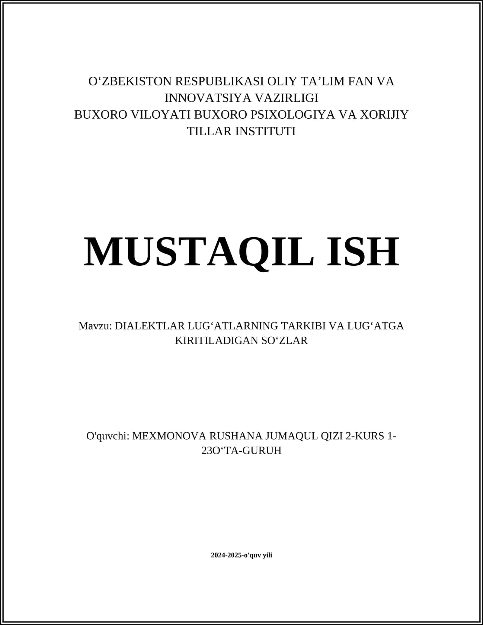 DIALEKTLAR LUGʻATLARNING TARKIBI VA LUGʻATGA KIRITILADIGAN SOʻZLAR
