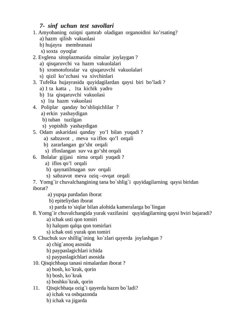 7-sinf uchun test savollari