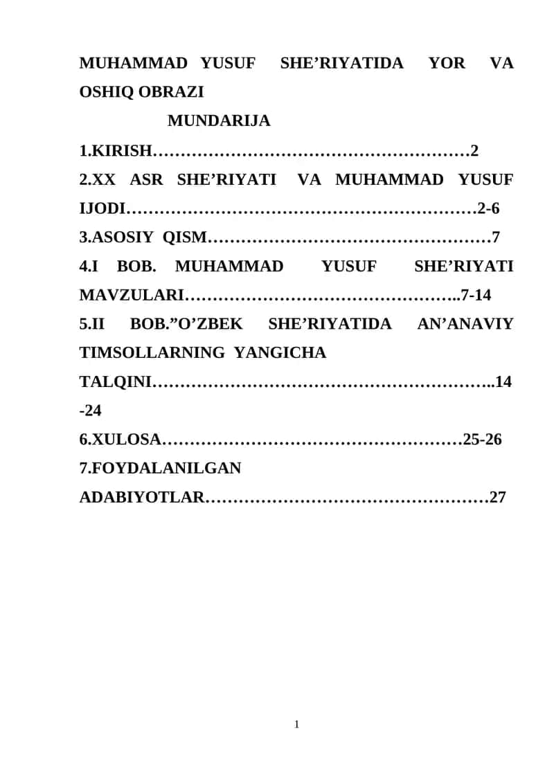 MUHAMMAD YUSUF SHE’RIYATIDA YOR VA OSHIQ OBRAZI