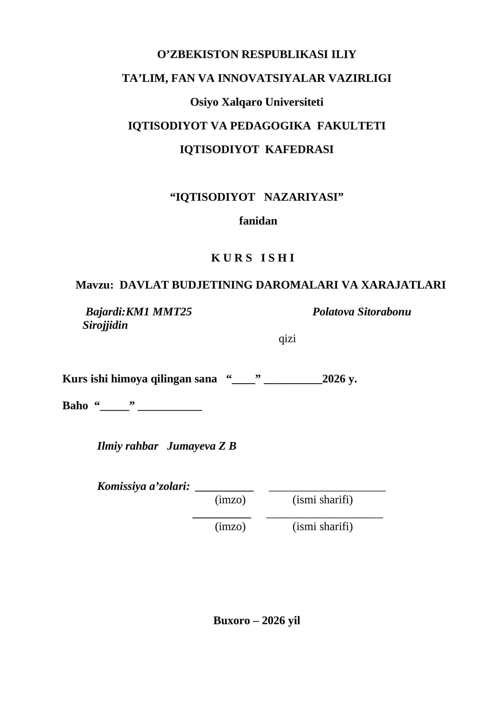 DAVLAT BUDJETINING DAROMALARI VA XARAJATLARI