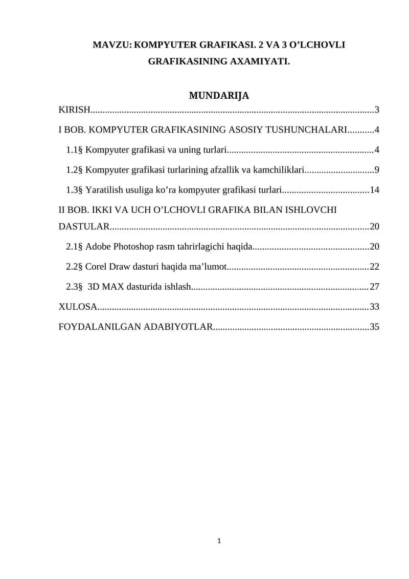 КOMPYUTER GRAFIKASI. 2 VA 3 O’LCHOVLI GRAFIKASINING AXAMIYATI